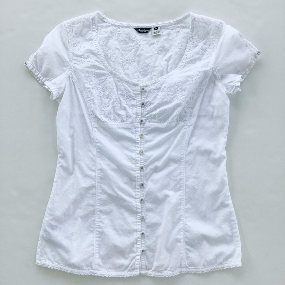 Eddie Bauer White Lace-Trim Button Front Blouse